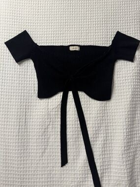 Debut Black Knit Cropped Top Tie Front Made in USA Goth Clean Girl Small/Med